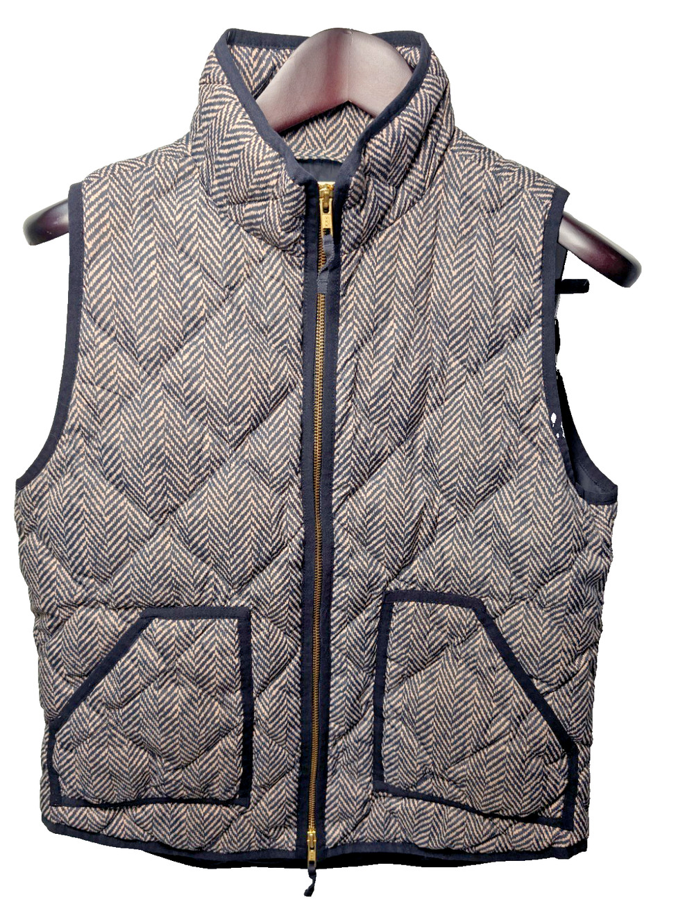 JCrew Womens Medium Black Herringbone Quilted Down Puffer Vest Preppy Zip Jacket